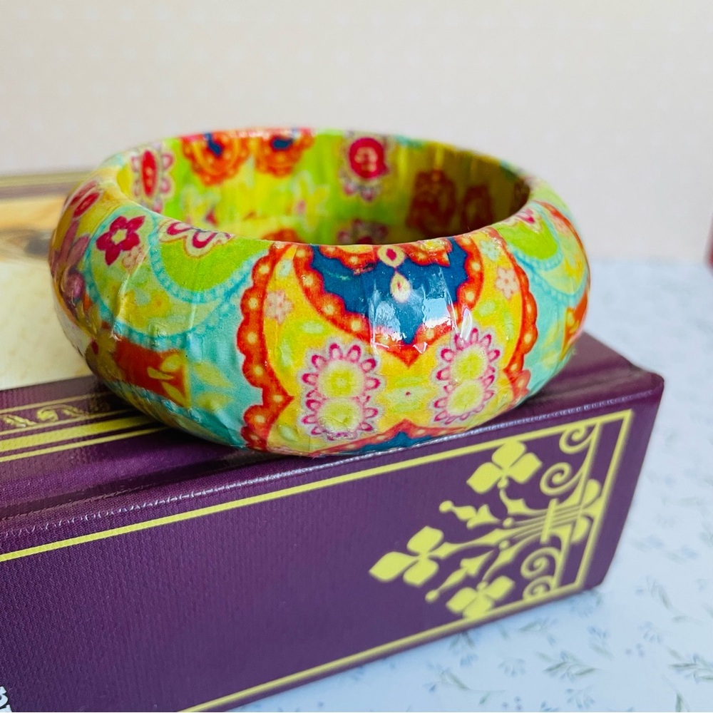 Vintage Colorful Papier-mâché Wood Bangle Bracelet sz 7